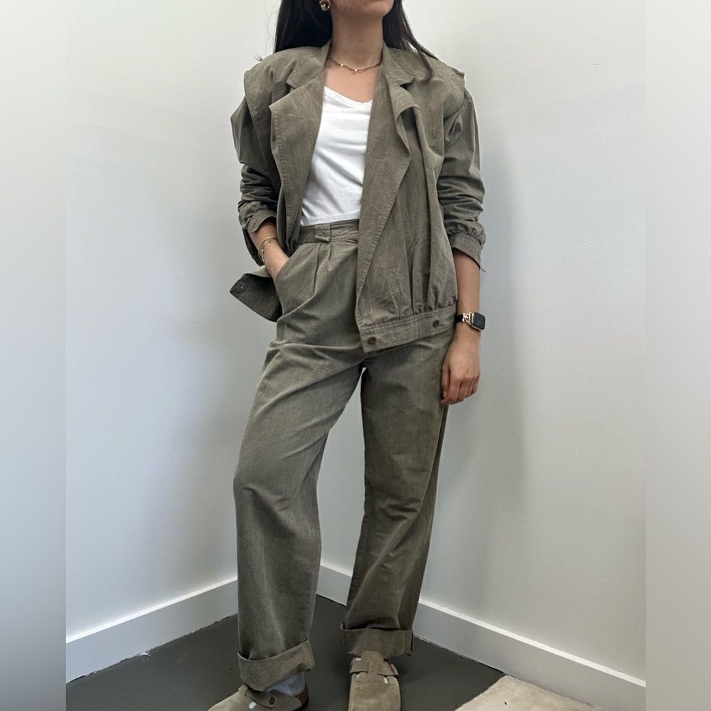 Vintage 60's Green Cotton Straight Leg Pants & Bomber Jacket 2 Piece Set Size S